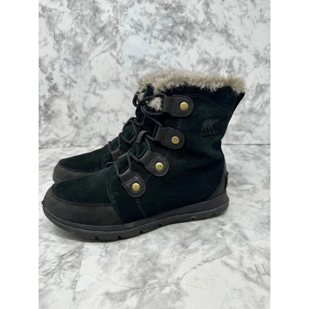 Sorel Whitney 🖤Short Lace Black Suede Faux Fur Waterproof Winter‎ Boots